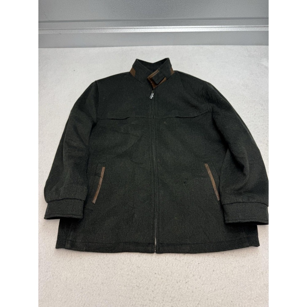 Enzo Tovare Jacket Mens Large Green Wool Herringbone Military Zip Buckle Collar
